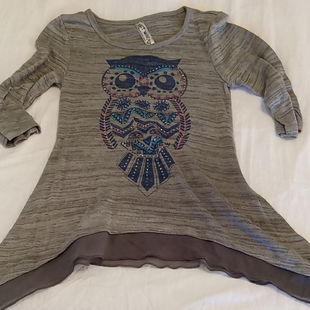 Knit Works Girls Size Small Gray Owl Graphic Tunic Top. Athleisure, Casual Fun,